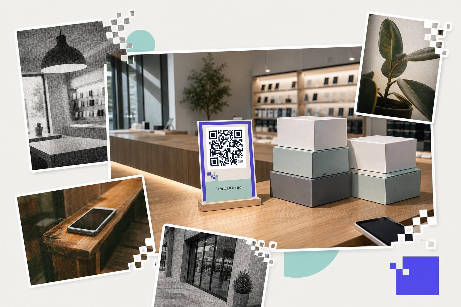 Modern store interior with QR code sign on counter, surrounded by various product boxes and decor.