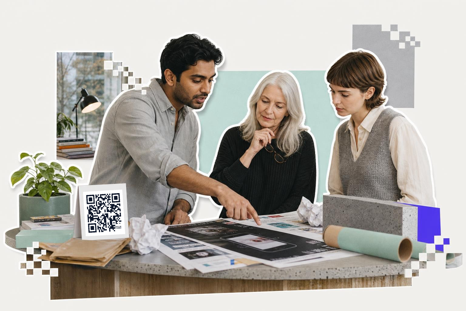 Three people discussing a project at a table with a QR code card and various papers.