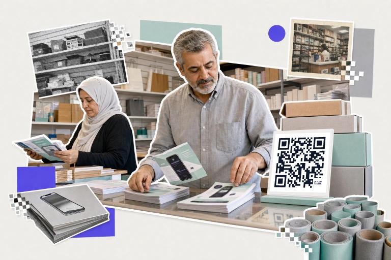 Two people in a store examining brochures with an app store QR code on a nearby card.