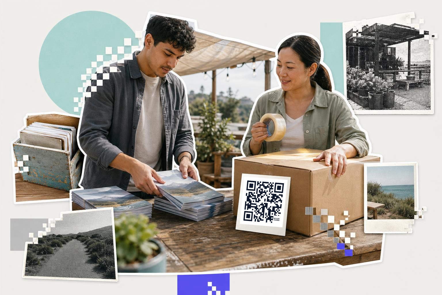 Two people packing a box with a QR code on a table outdoors, surrounded by photos and plants.