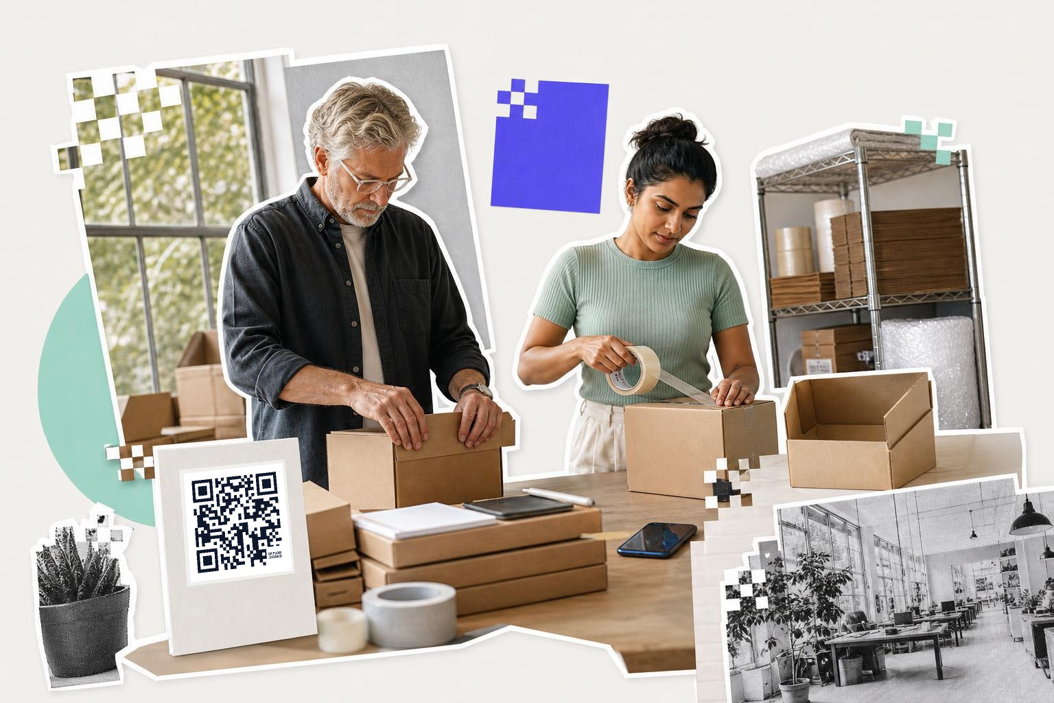 Two people packing boxes at a table with a QR code card nearby in a warehouse setting.