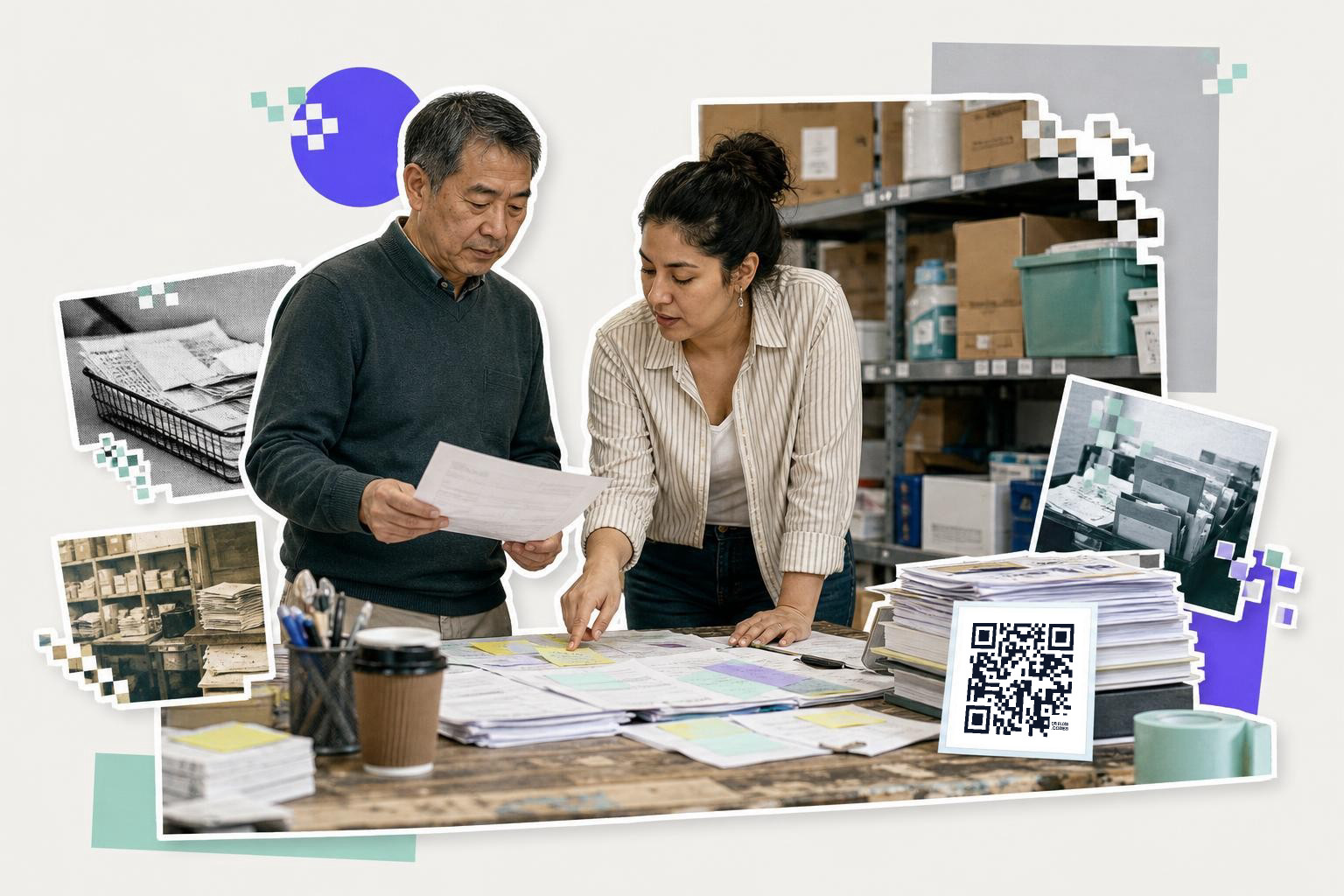 Two people reviewing documents at a cluttered table with a QR code on a stack of papers.