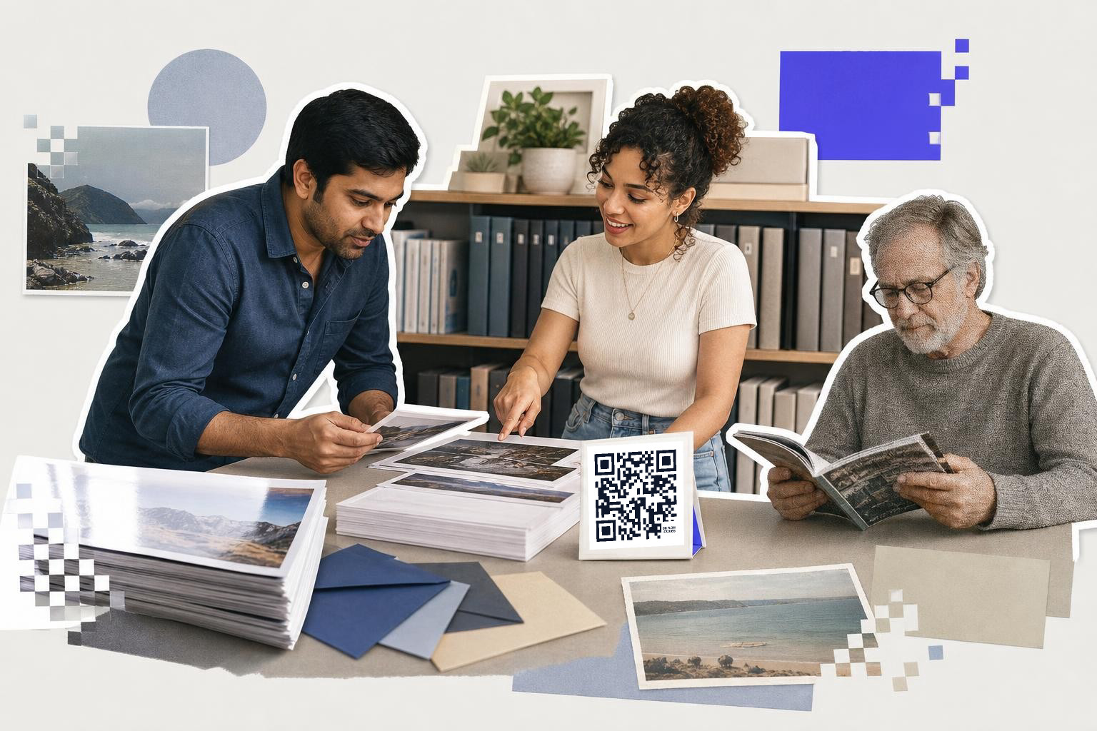 Three people examining photographs at a table with a QR code card displayed.