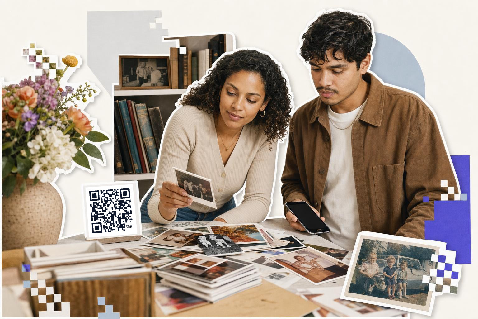 Two people look at old photos on a table with a QR code card nearby for scanning., scan qr code from picture