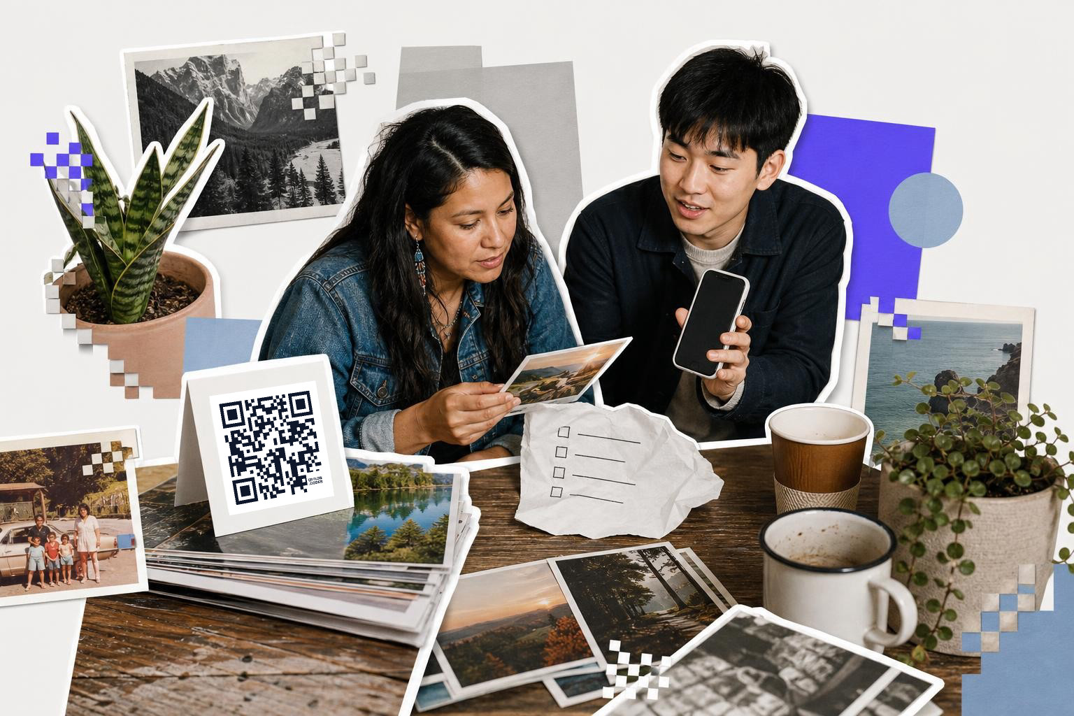 Two people at a table with photos, a QR code card, and plants, one holding a smartphone.