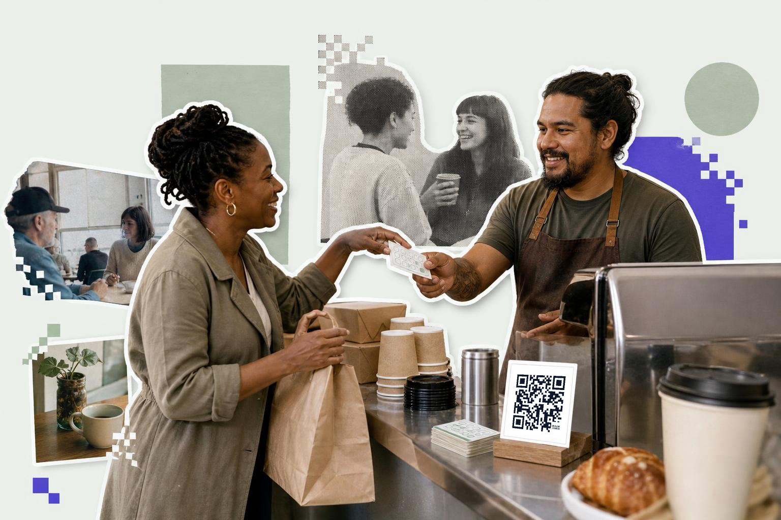 Barista hands loyalty card to smiling customer at cafe counter with QR code display.