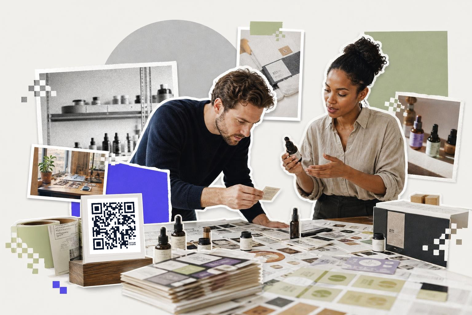 Two people examining product labels at a table with a QR code card and various bottles.