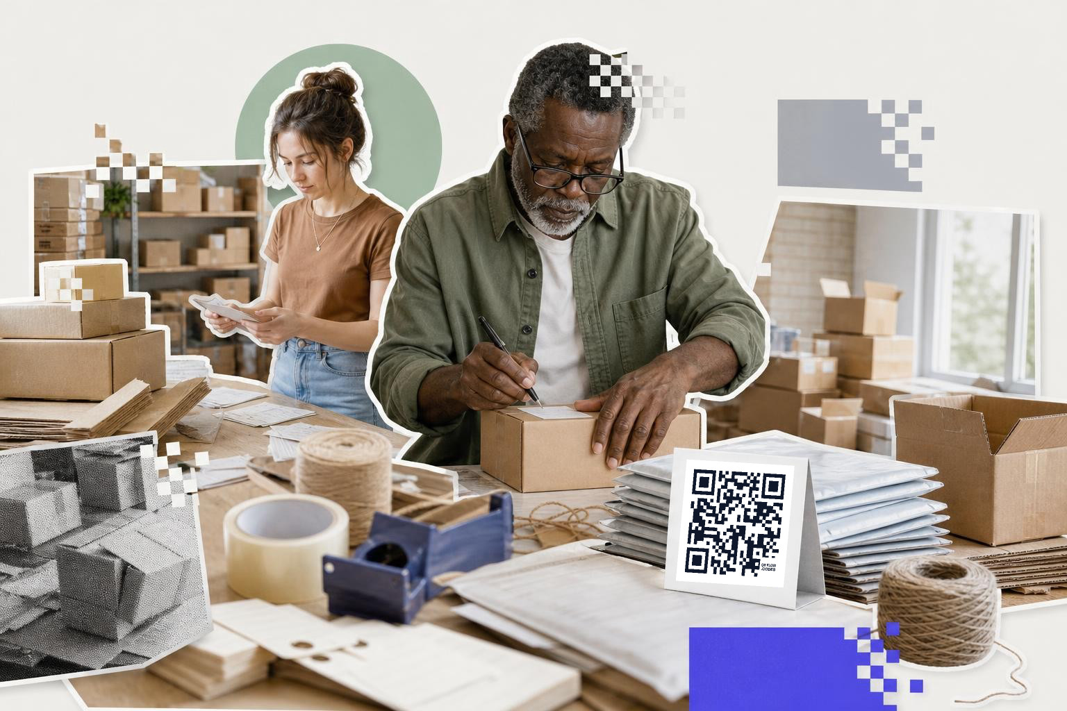 Two people packing boxes in a warehouse with a QR code on a card nearby.