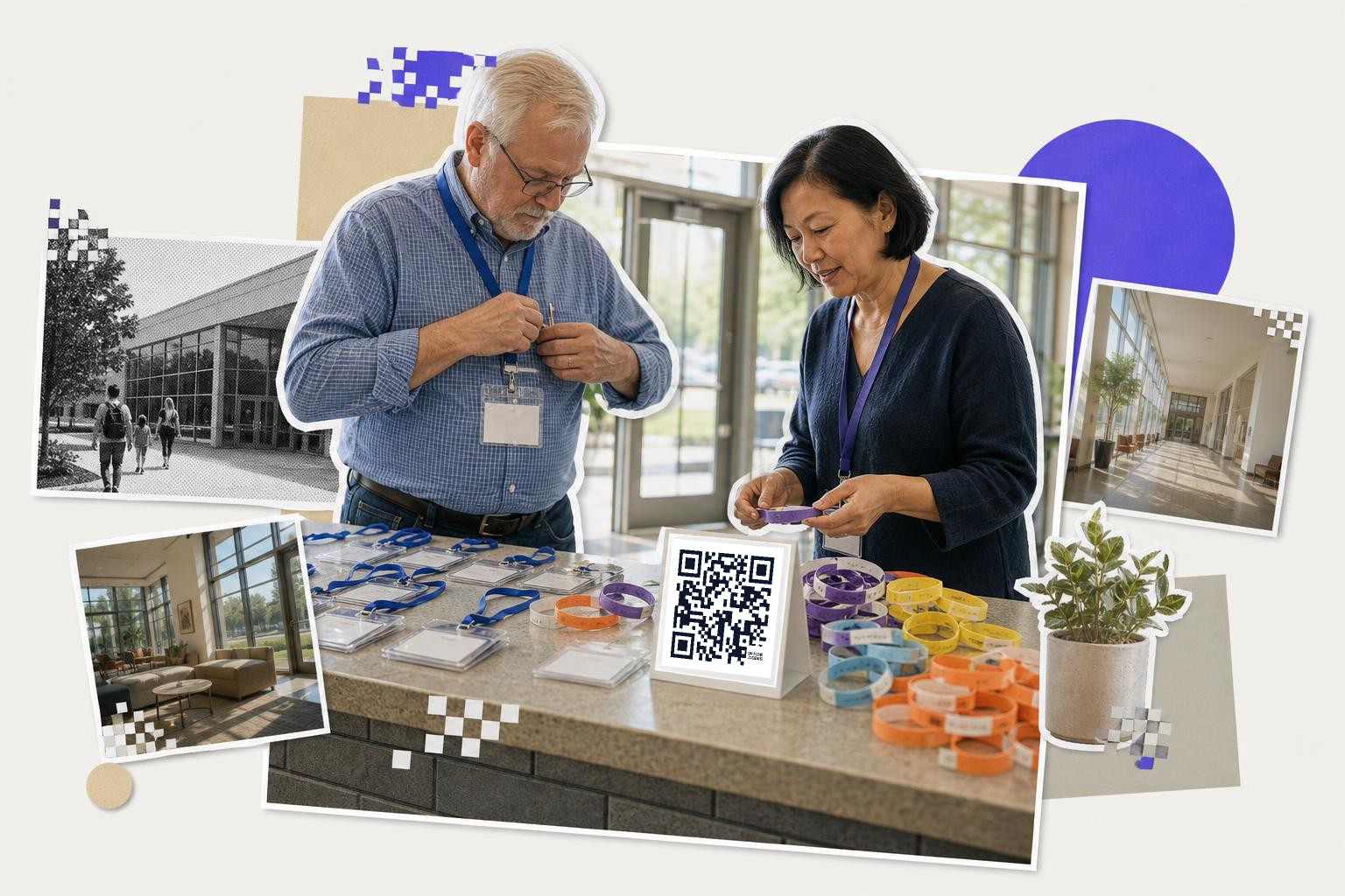 Two people at a registration table with wristbands and a QR code card in a bright lobby.