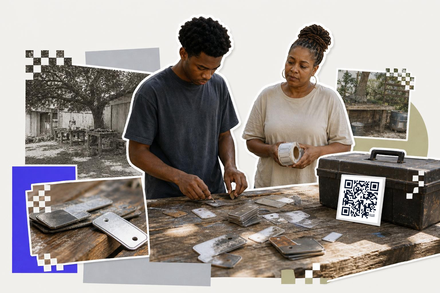 Two people sorting metal plates on a wooden table with a QR code on a toolbox.