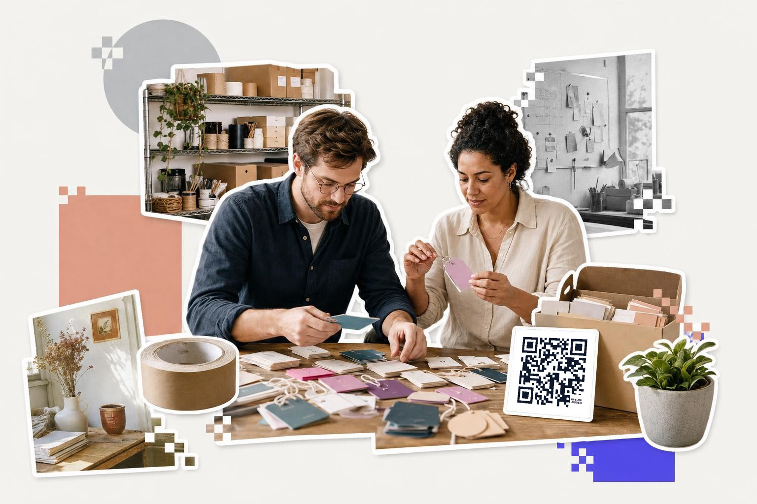 Two people at a table sorting colorful tags with a QR code card nearby, exploring how small a QR code can be., how small