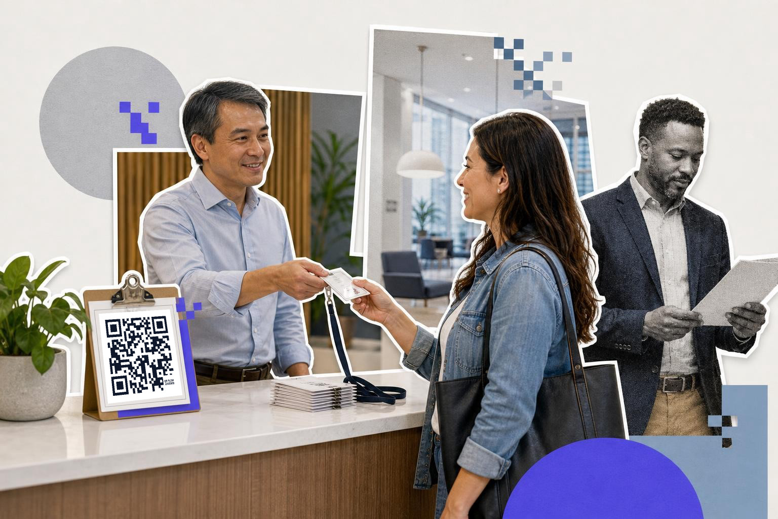 Man hands a badge to a woman at a reception desk with a QR code on a clipboard.