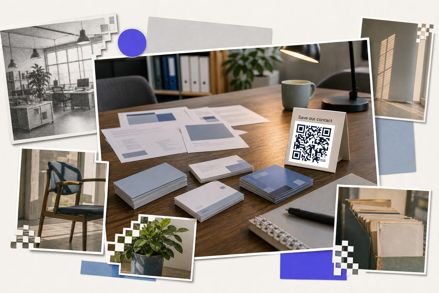 Office desk with documents, QR code card, coffee mug, and various office photos around.