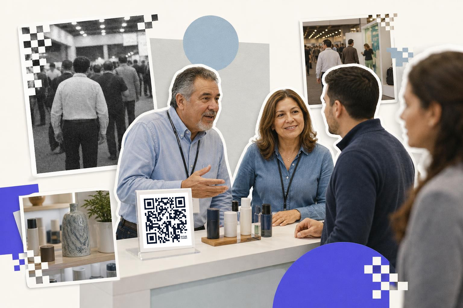 Two people at a booth talking to visitors with a QR code on the counter.