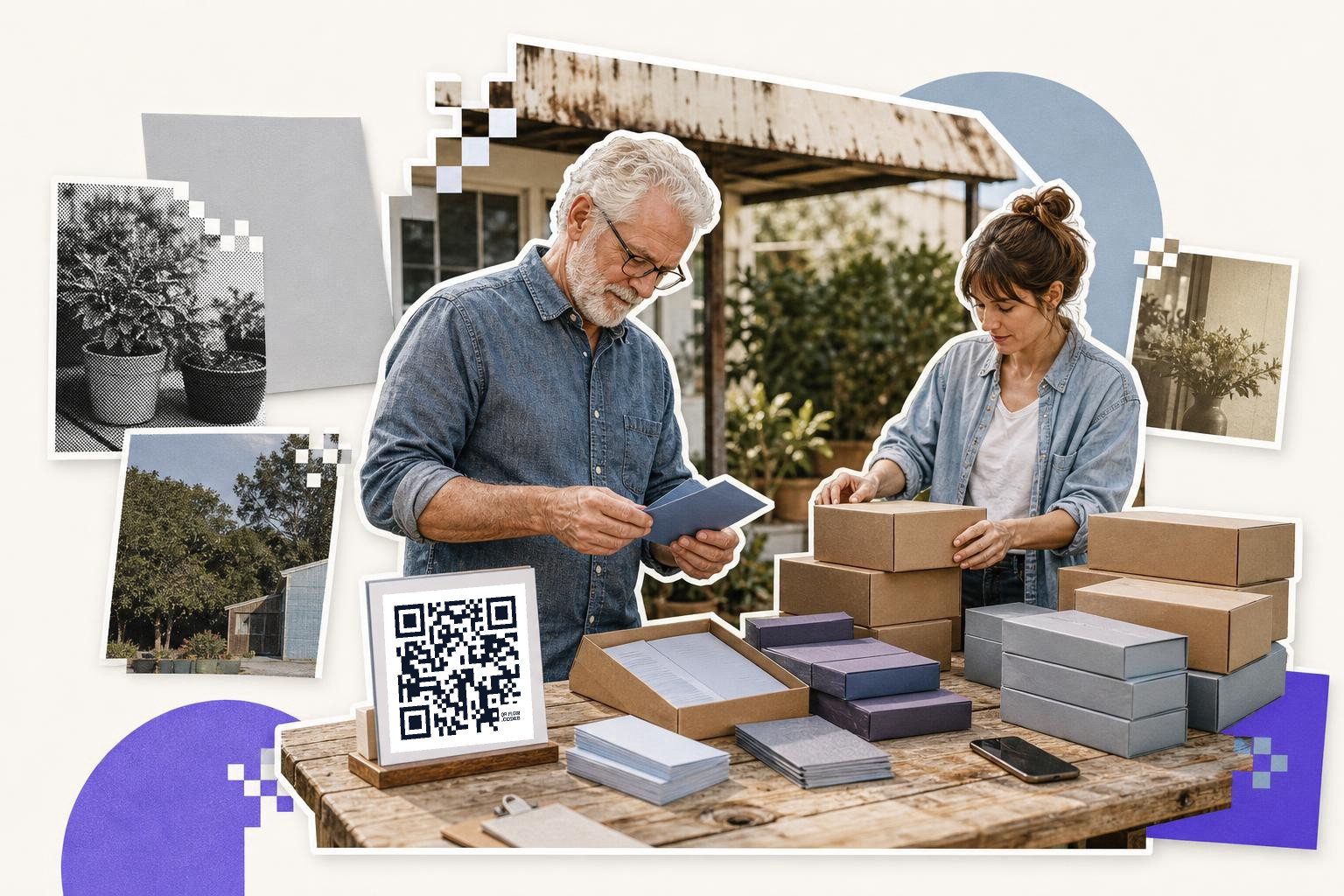 Two people in denim shirts packing boxes at a wooden table with a QR code sign.