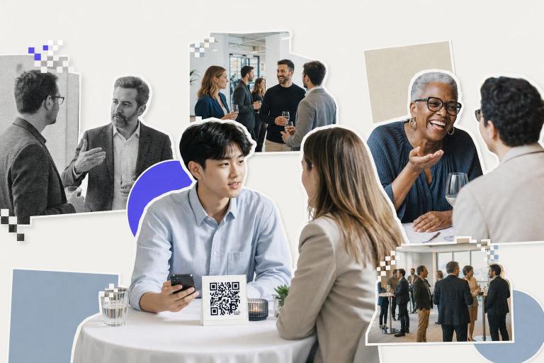 People at a networking event with a digital business card featuring a QR code on a table