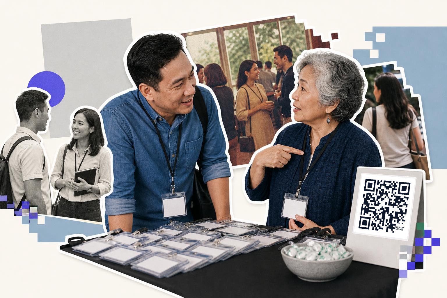 Two people at a table with name badges and a QR code sign, others conversing in the background.
