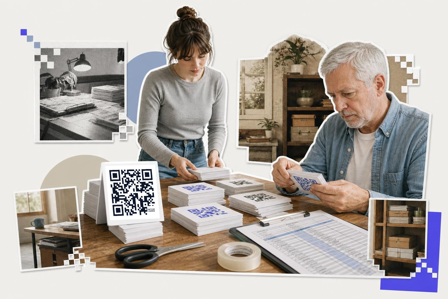 Man and woman sorting QR code cards at a table with scissors and tape, surrounded by photos.