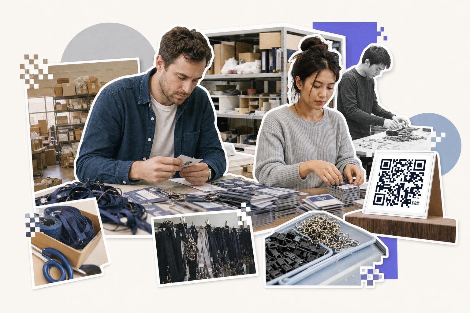 Two people assembling cards at a table with a QR code sign labeled 'QR FLOW CODES' nearby.