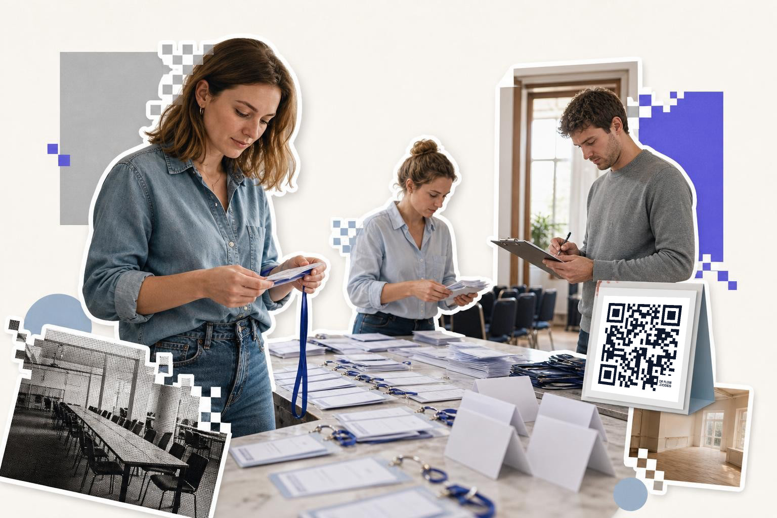 Three people organizing name tags at a table with a QR code sign nearby in a conference room.