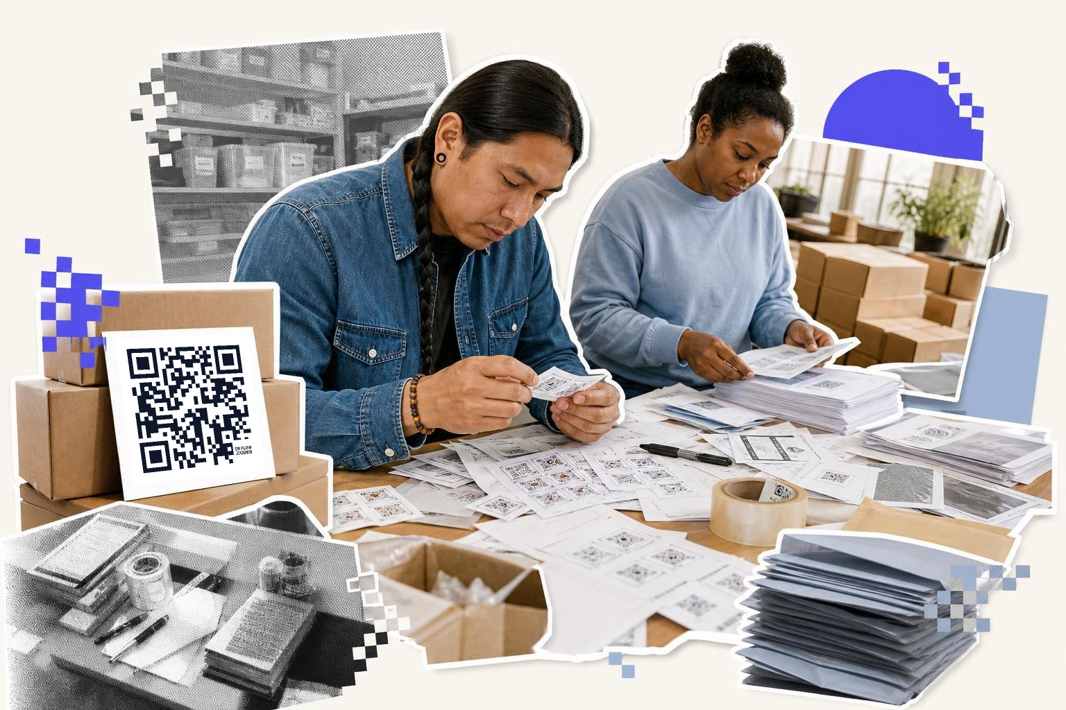 Two people sorting papers with QR codes at a table surrounded by boxes and envelopes.