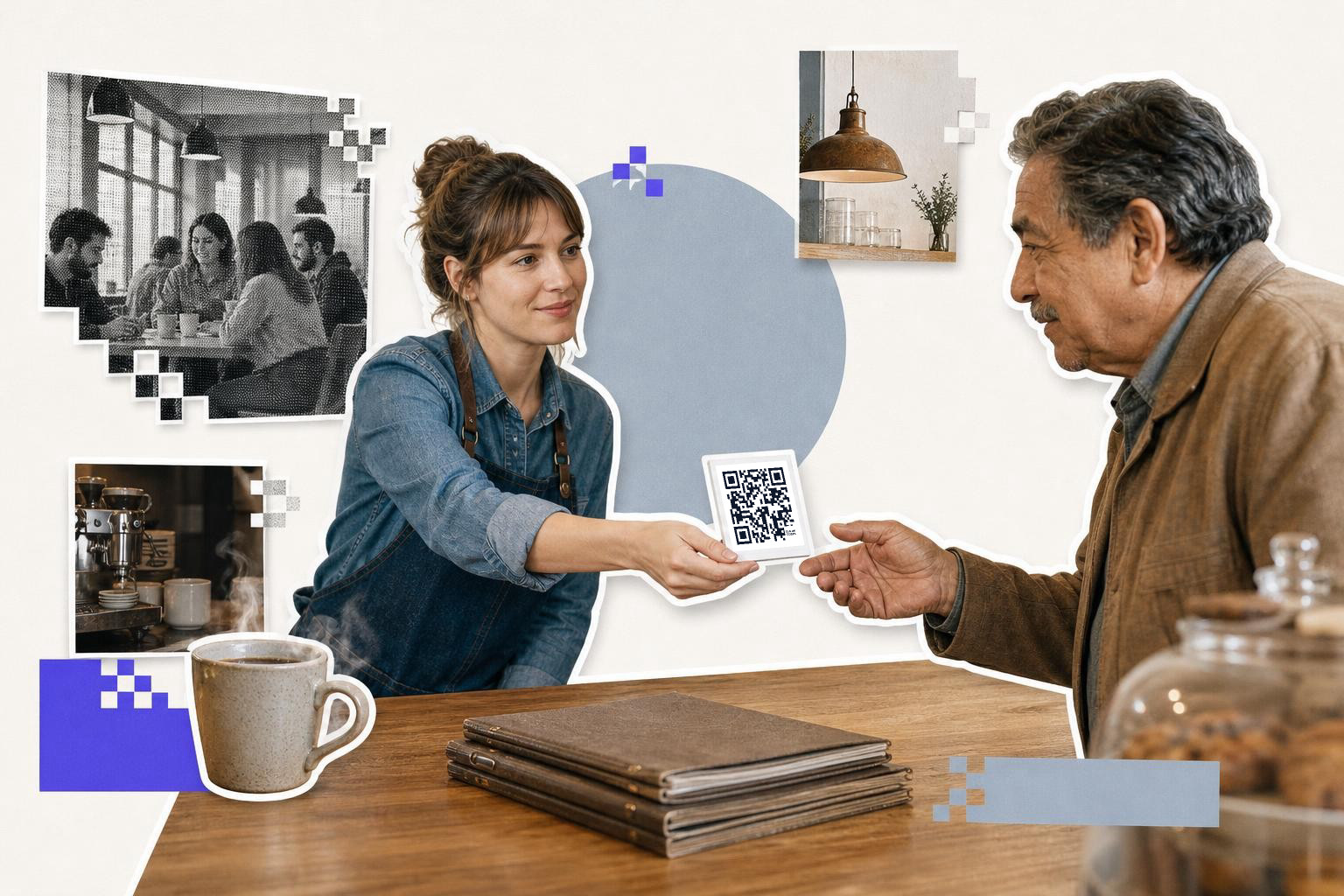 Woman in denim apron hands QR code card to man across table with coffee and decor photos.