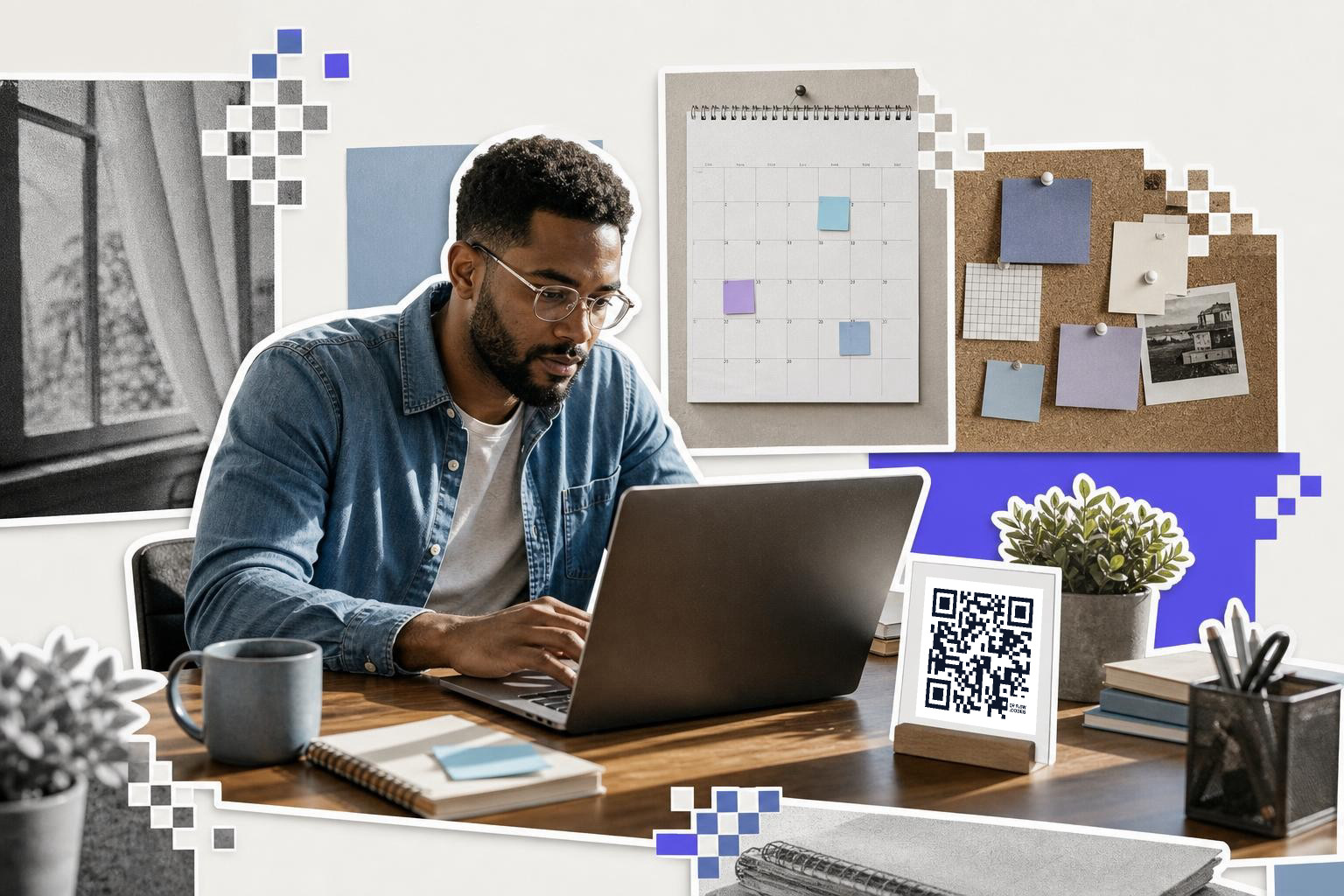 Man working on a laptop at a desk with a QR code card and calendar on the wall.