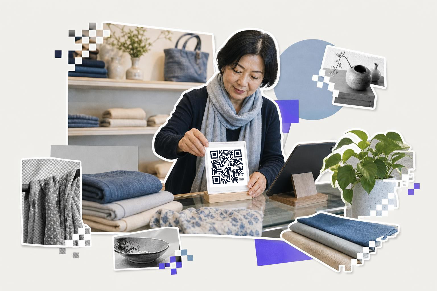 Woman in a store holding a QR code card near folded textiles and a plant on a counter.