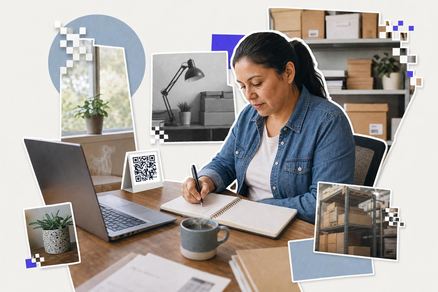 Woman writing in notebook at desk with laptop, coffee, and QR code card, surrounded by storage boxes.