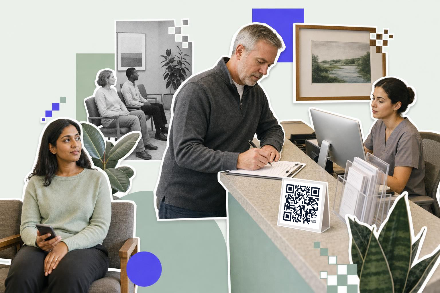 Man signing in at reception with QR codes for patient check-in, woman waiting, and black-and-white seated group.