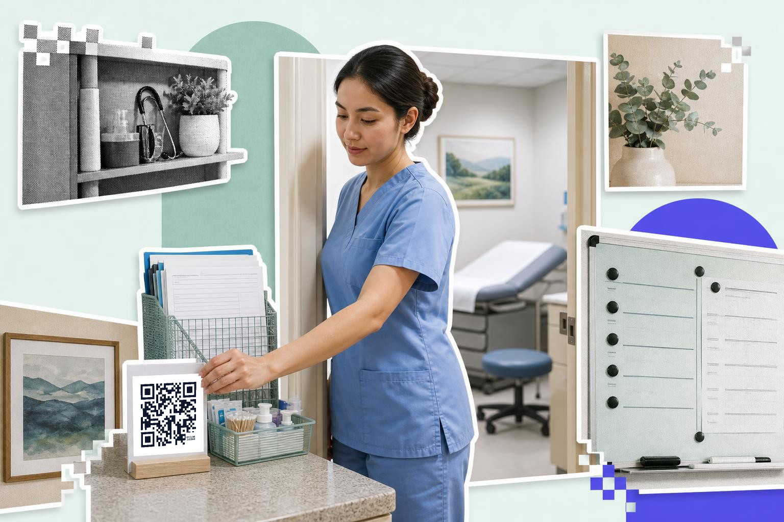 A nurse in blue scrubs organizes files near a QR code card in a medical office.