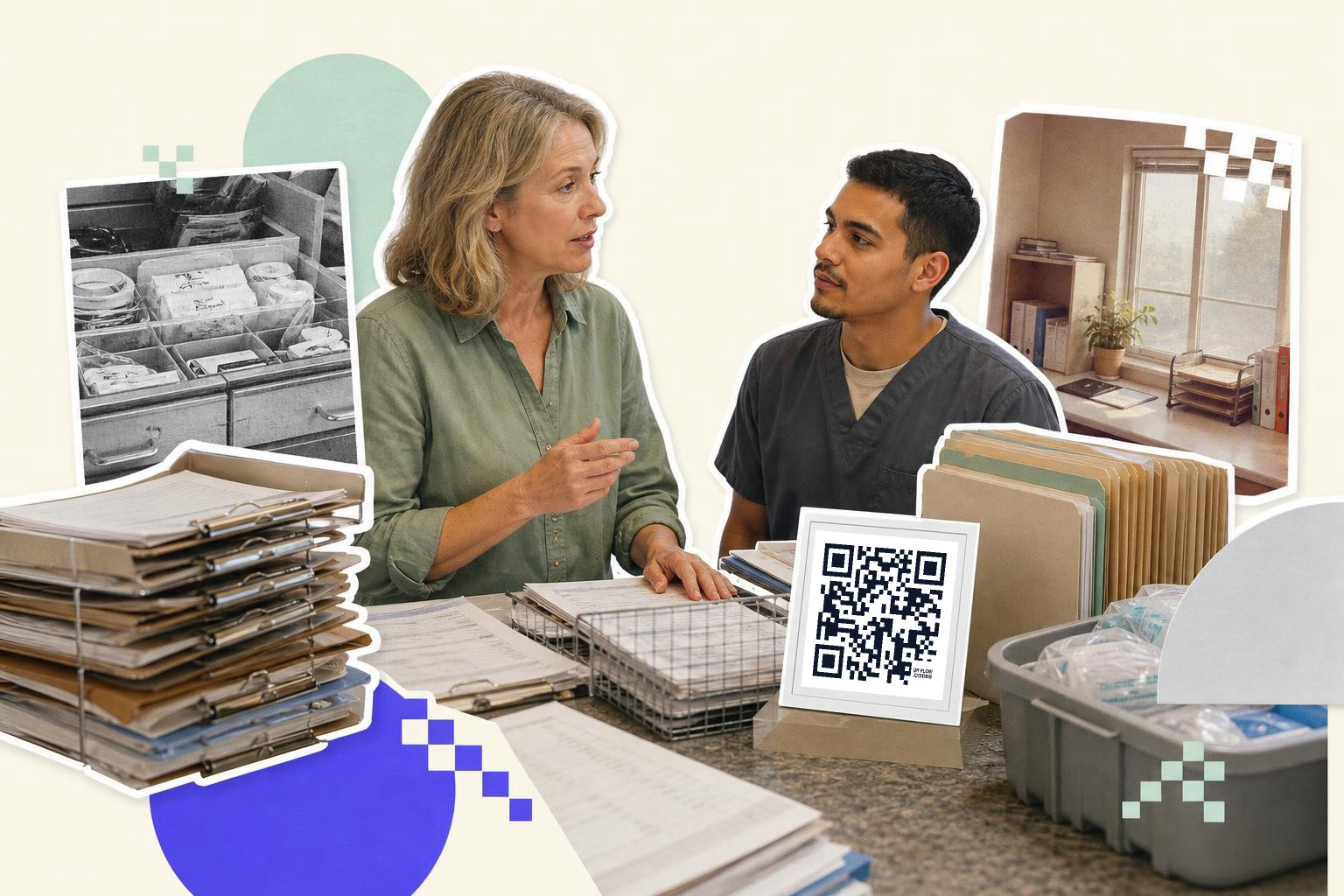 Two people discussing at a desk with a QR code card, files, and office supplies around them.