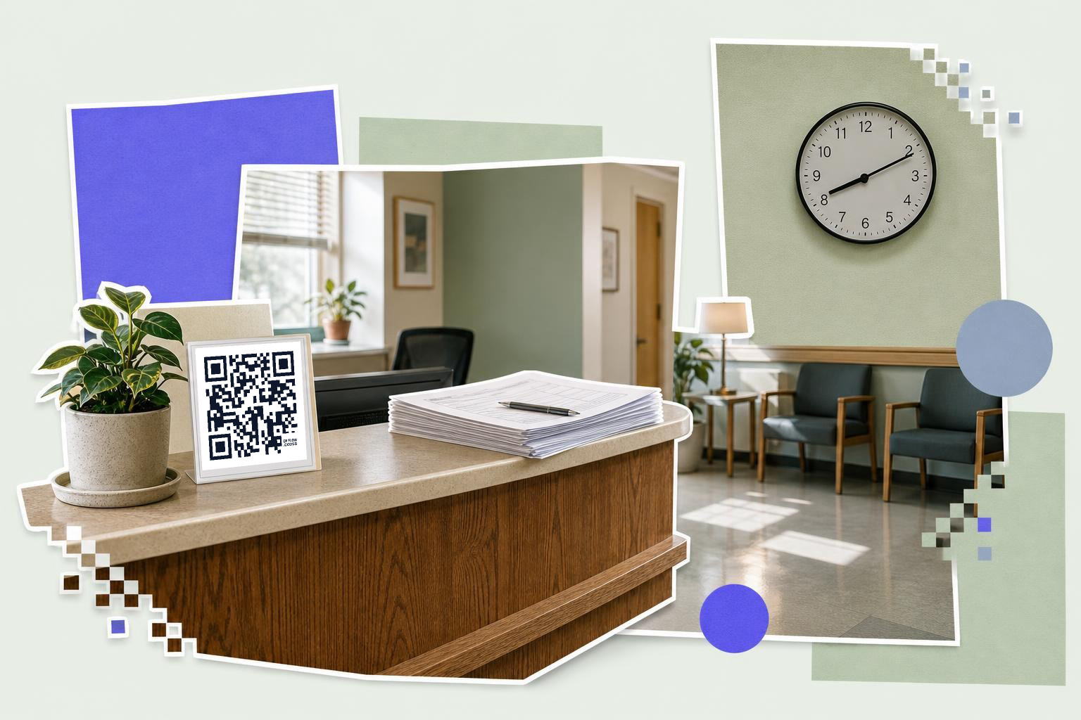 Reception desk with plant and QR code card, waiting area with chairs and clock on wall.