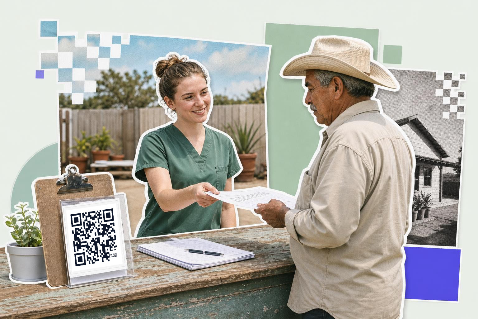 A woman in green scrubs hands a document to a man in a cowboy hat at a rustic counter with a QR code on a clipboard.