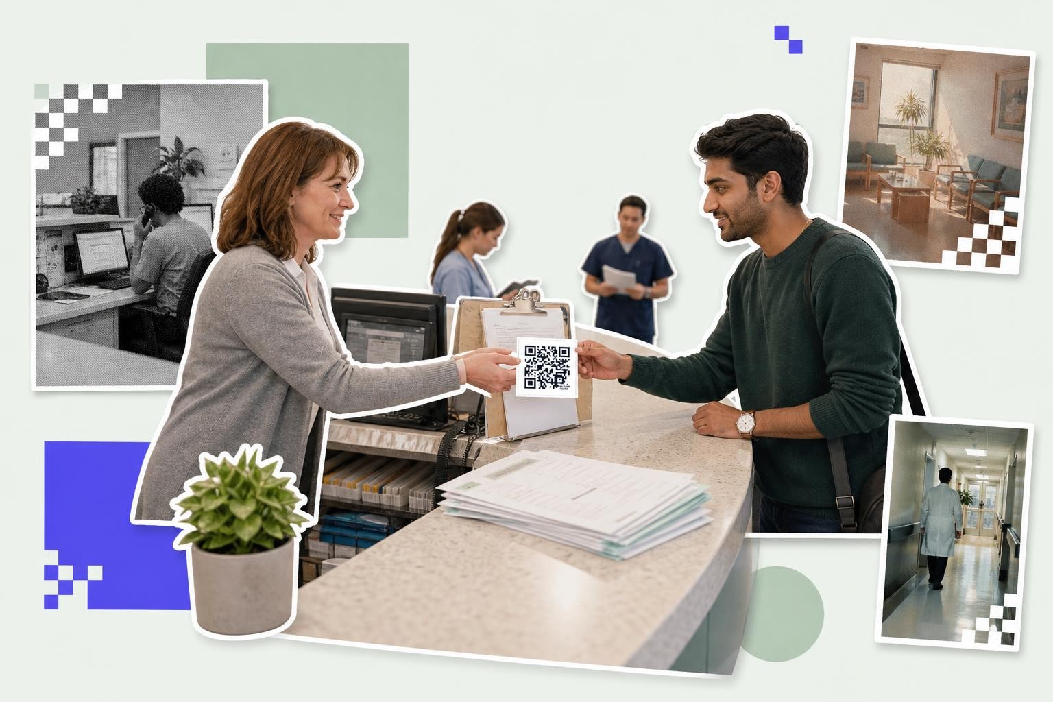A woman hands a QR code card to a man at a reception desk in a medical setting.
