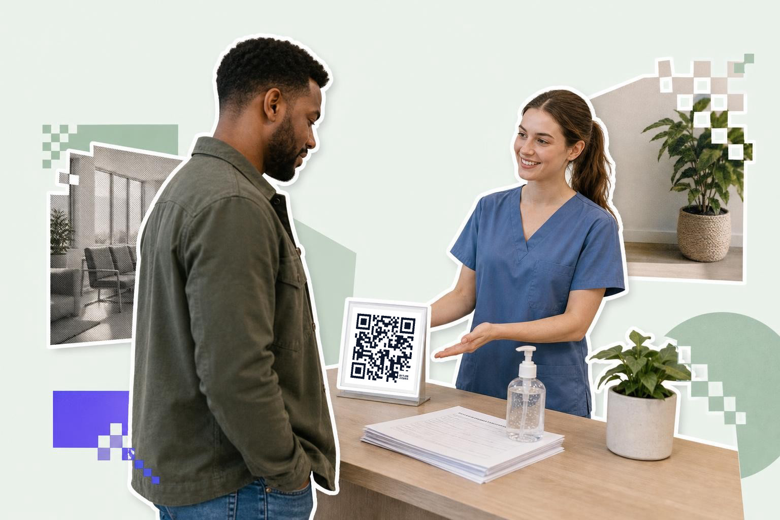A woman in scrubs shows a QR code to a man at a reception desk with plants around.