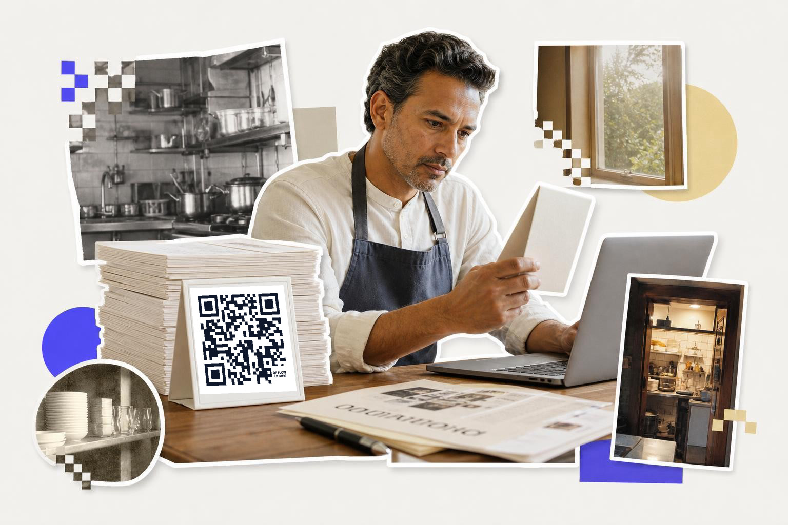 Man in apron examines card at desk with laptop, QR code, and kitchen photos.