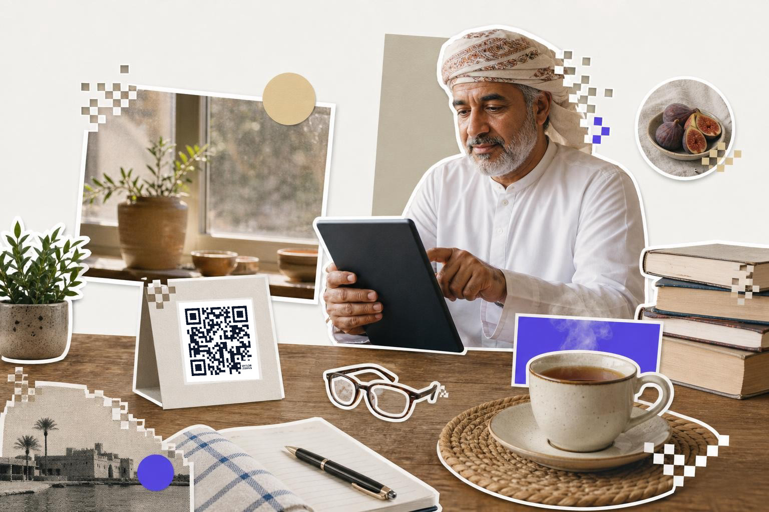 Man in traditional attire using a tablet at a table with a QR code card and various items.