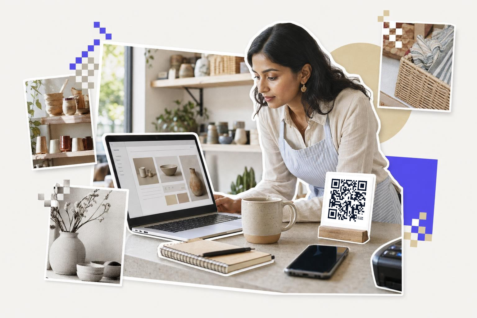 Woman in apron looks at laptop with pottery images, QR code card on table, exploring what is an mcp server.