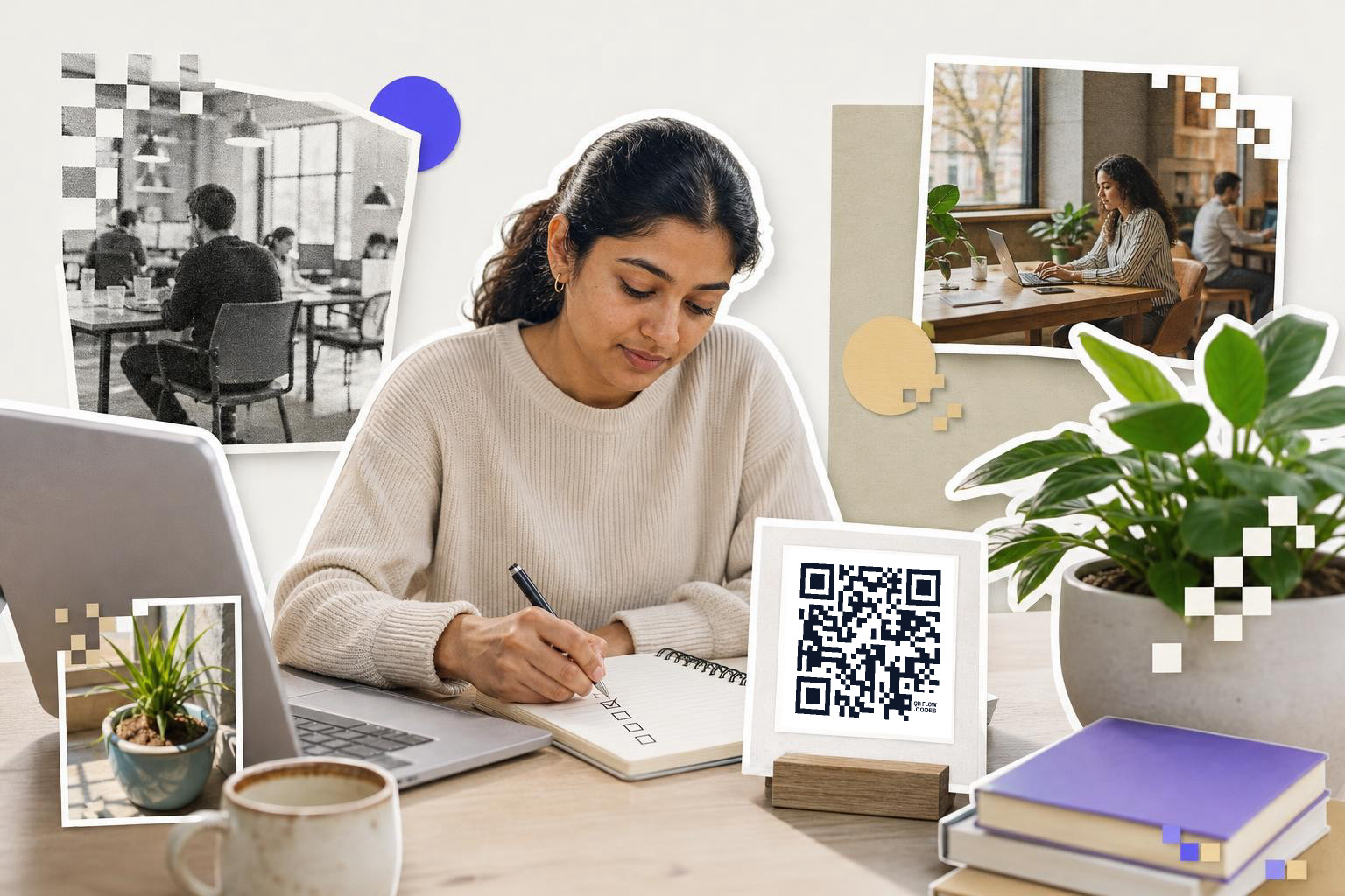 Woman writing in notebook at desk with laptop, QR code card, and potted plant nearby.