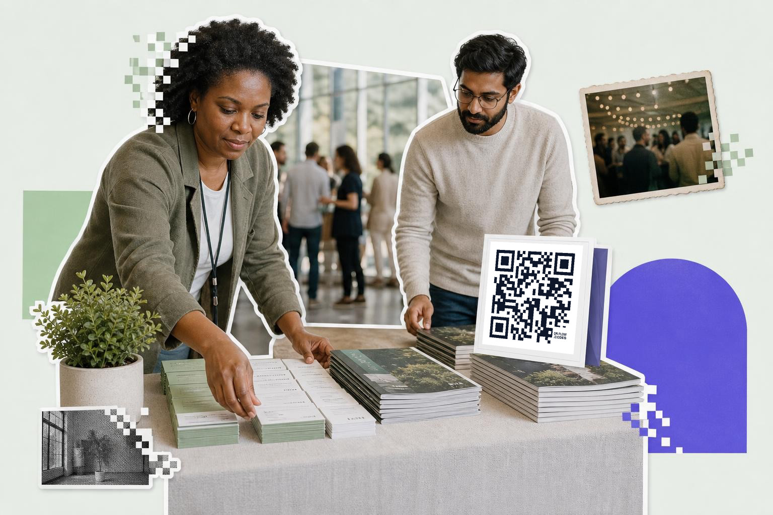 Two people arranging books and cards on a table with a QR code sign in a busy indoor setting.