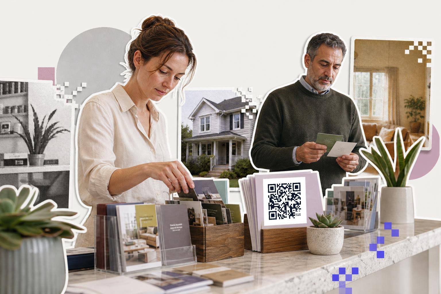 Two people examining brochures at a counter with a QR code display and potted plants.