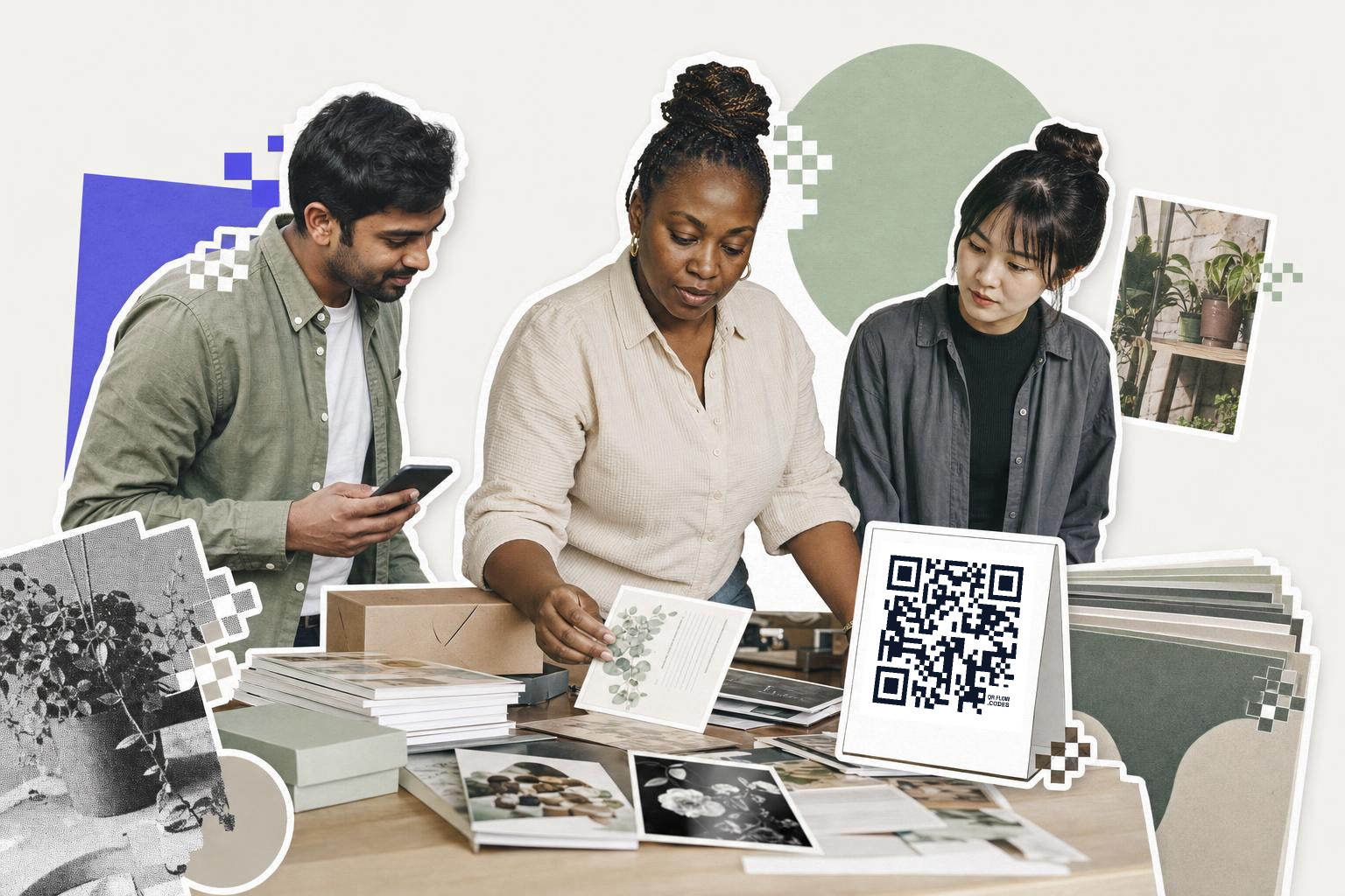 Three people examining printed materials on a table with a qr code example on a card.