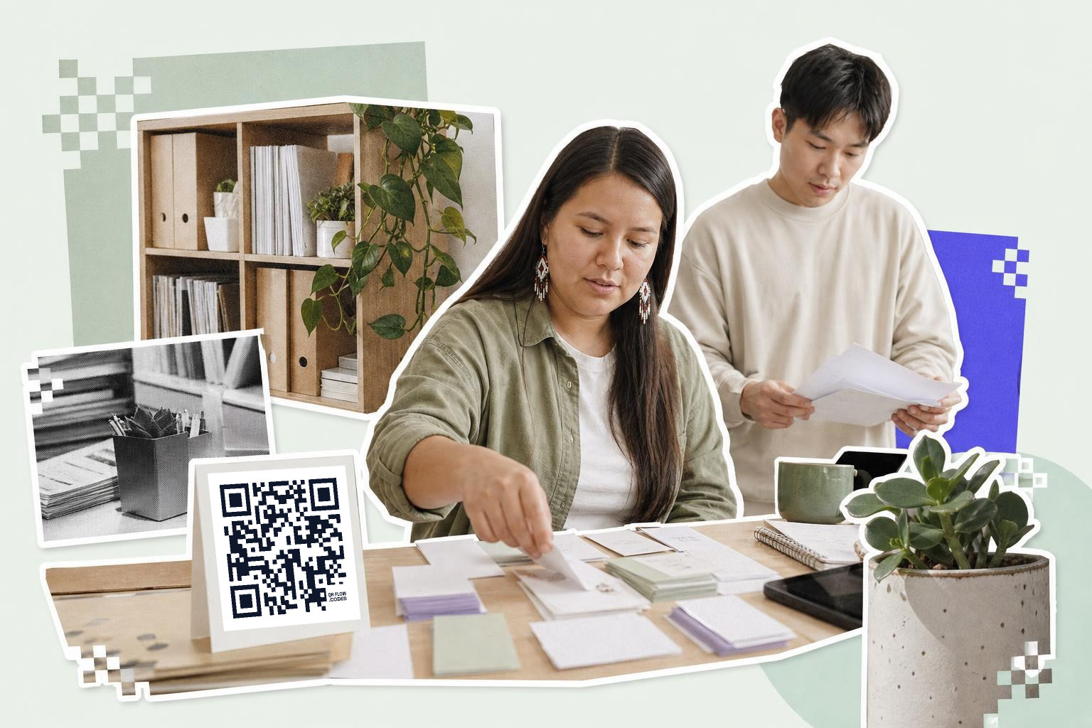 Two people organizing papers at a desk with a QR code card and shelves in the background.