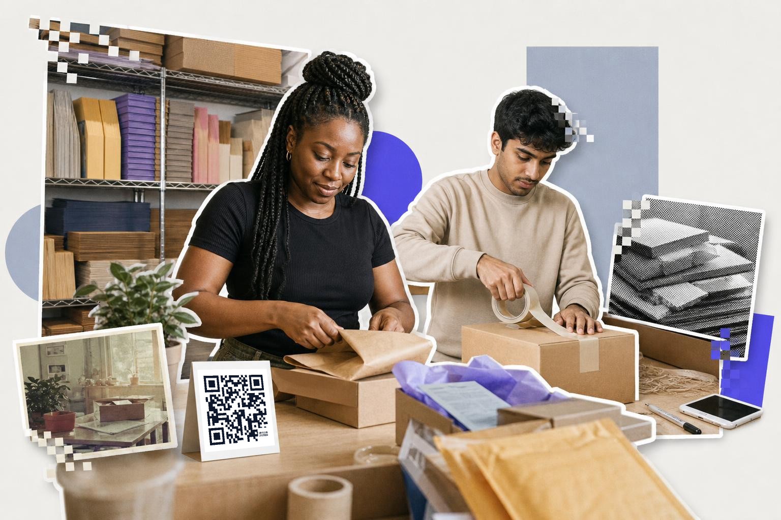 Two people packing boxes at a table with a QR code card and shelves in the background.