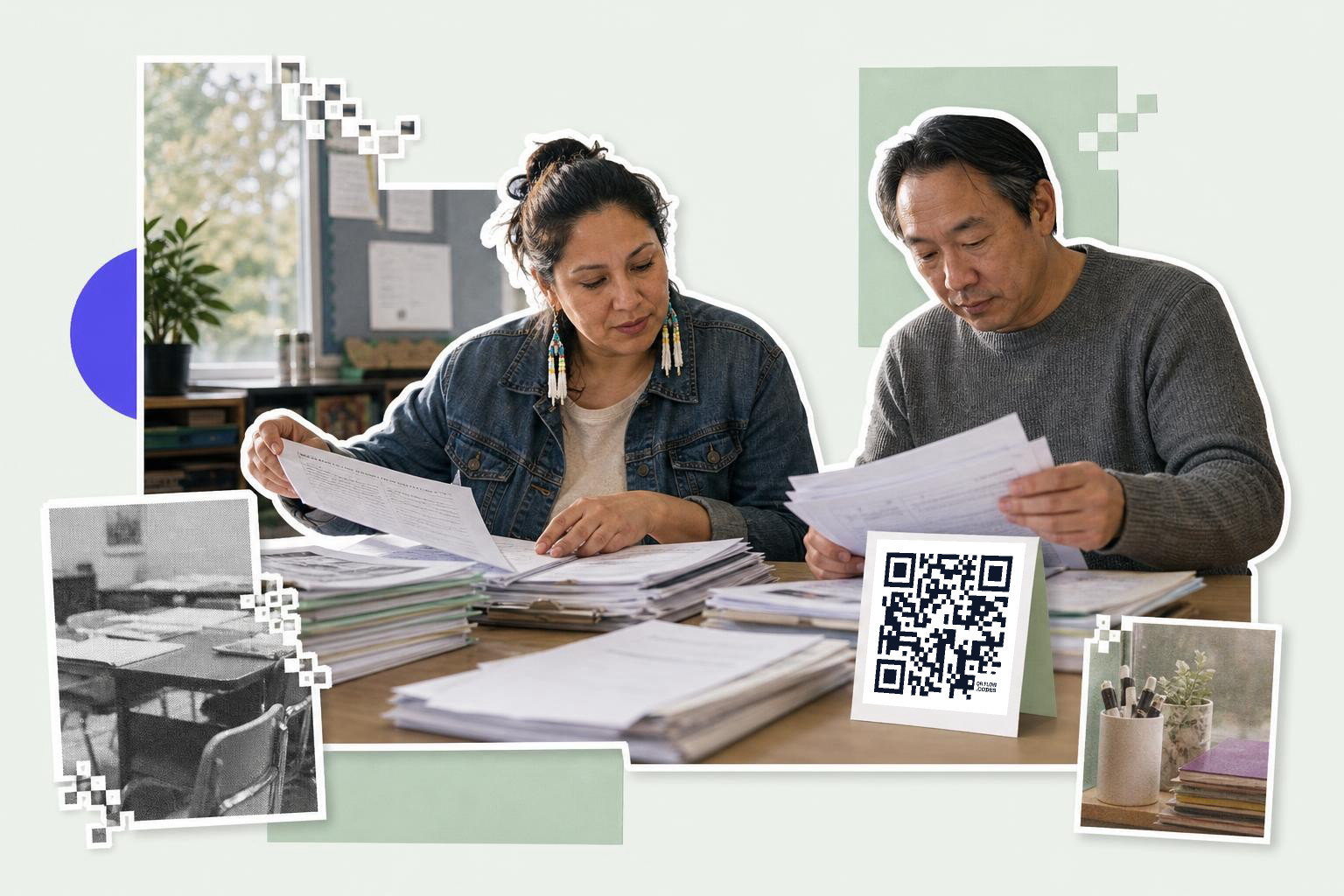 Two people reviewing documents at a table with a QR code card in front of them.