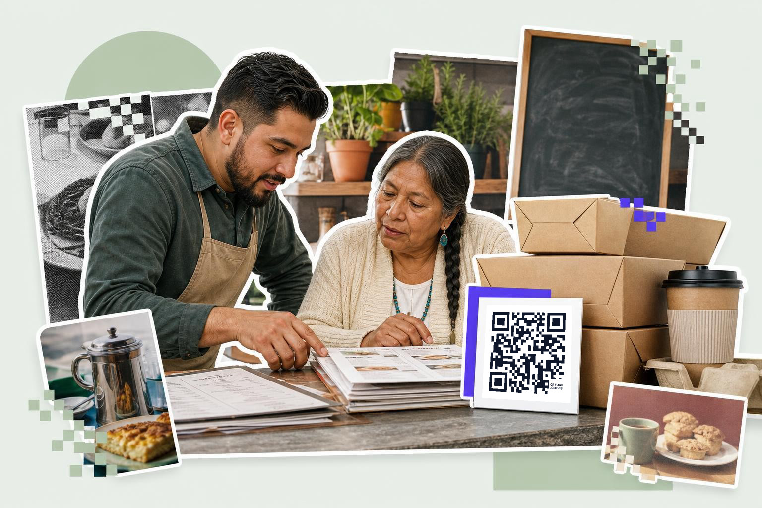 Two people reviewing a menu at a table with a QR code card, boxes, and coffee cup nearby.