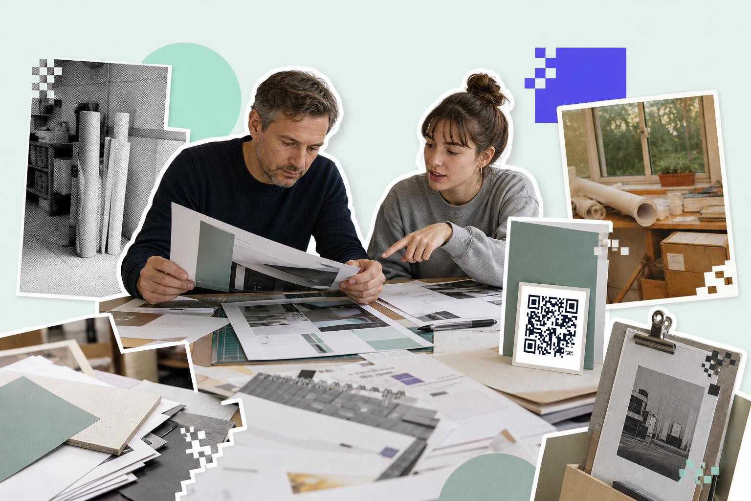 Two people reviewing architectural plans at a table with a QR code card nearby.