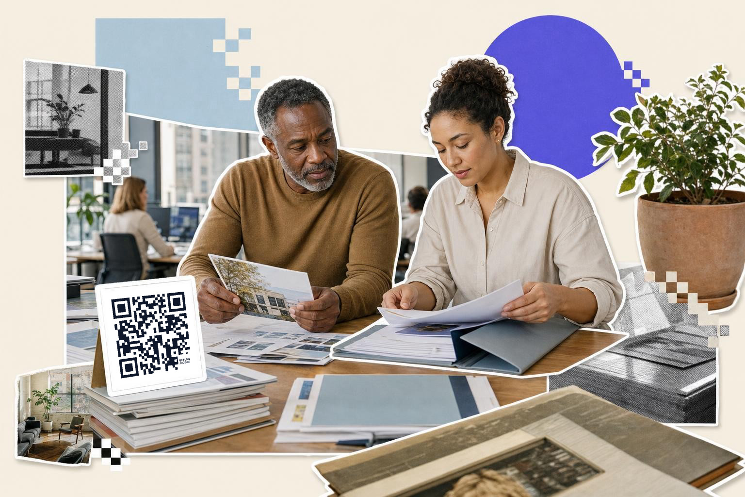 Two people reviewing documents at a desk with a QR code card to turn PDF into QR code.