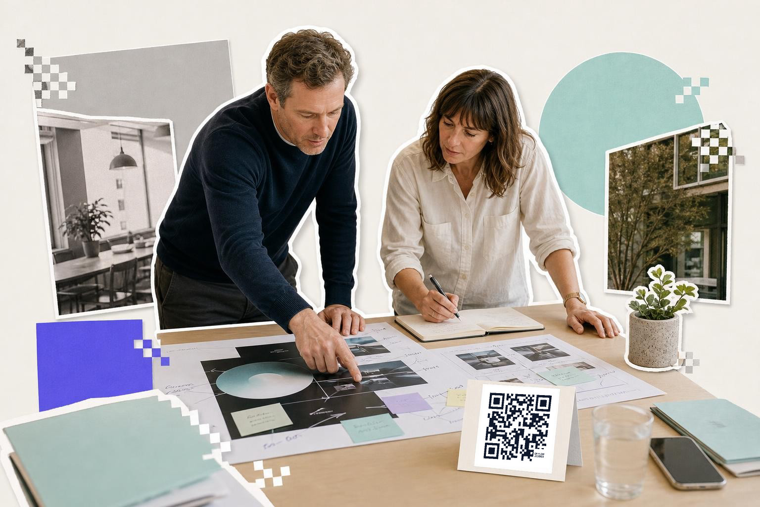 Two people reviewing documents on a table with a QR code card and plant nearby.